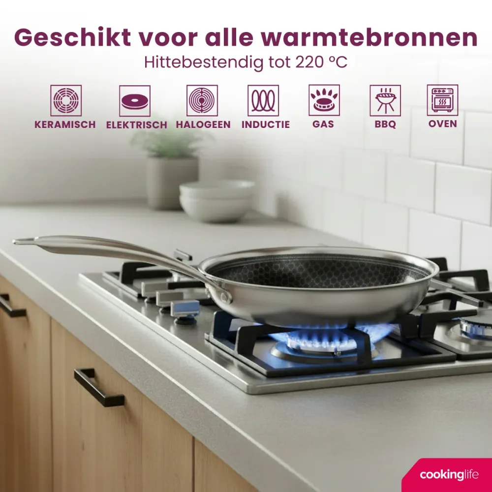Cookinglife Wokpan HexaCook - Hybride Pan ø 28 cm - NON STICK - geschikt voor alle warmtebronnen - keramische anti-aanbaklaag