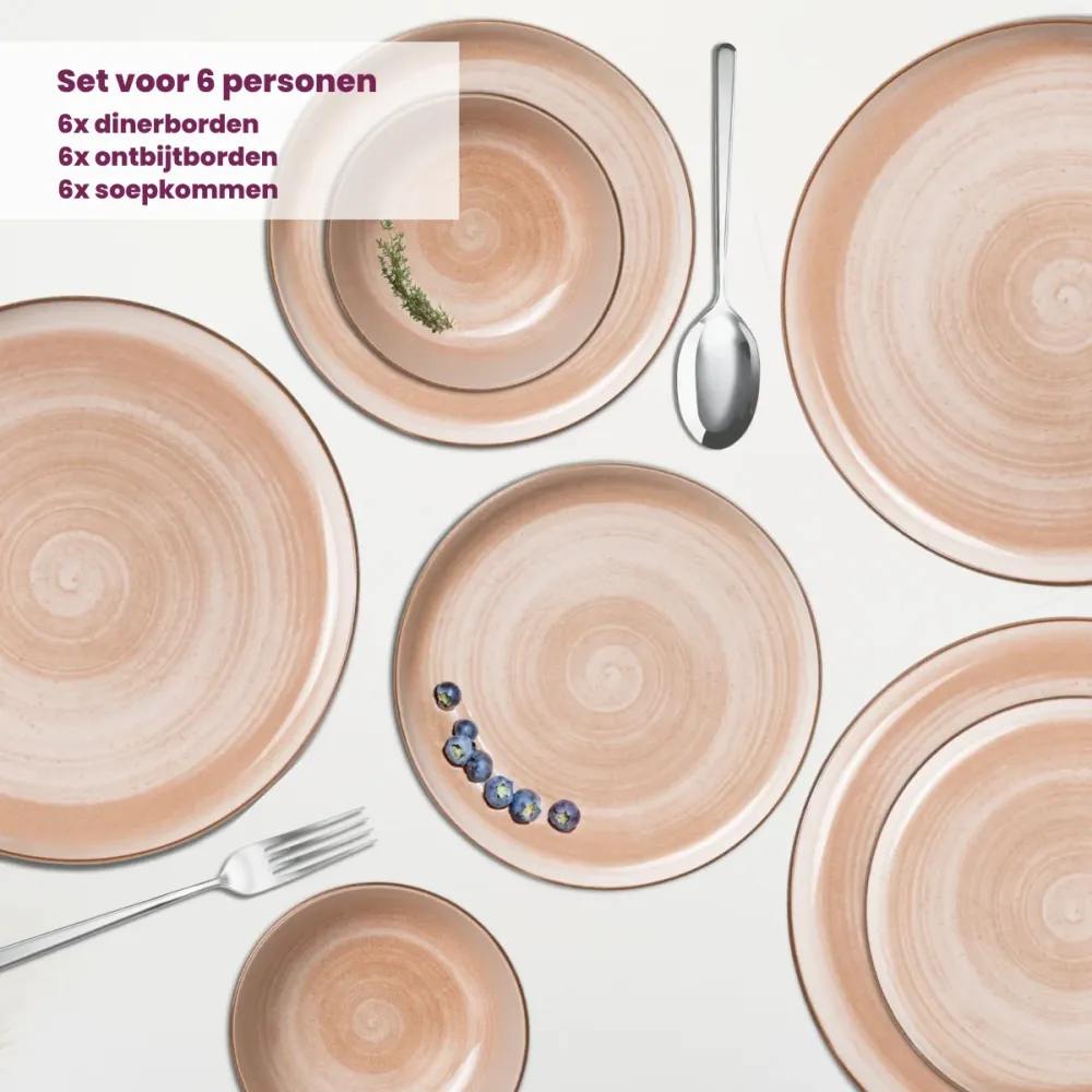 Cosy & Trendy Serviesset Baltic Peach 18-delig / 6 personen - 6 dinerborden, 6 ontbijtborden en 6 kommen