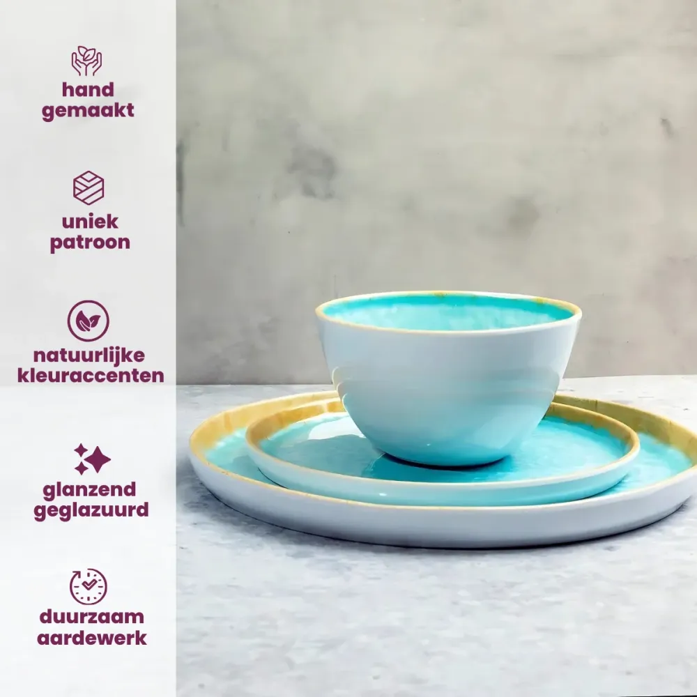 Cosy & Trendy Serviesset Laguna Azzurro 12-delig / 4 personen - 4 dinerborden, 4 ontbijtborden en 4 kommen