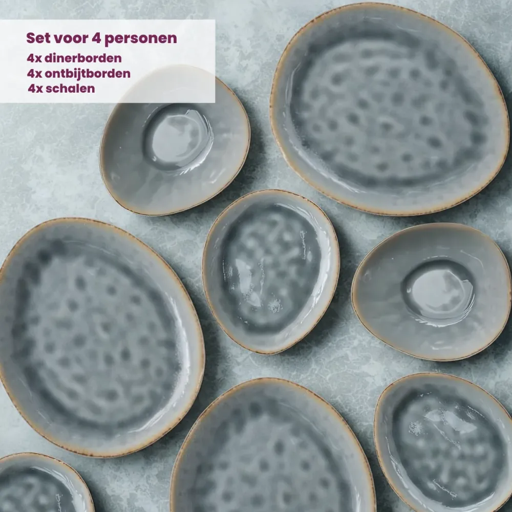 Cosy & Trendy Serviesset Organic Laguna Blue Grey 12-delig / 4 personen - dinerborden, 4 ontbijtborden en 4 schalen