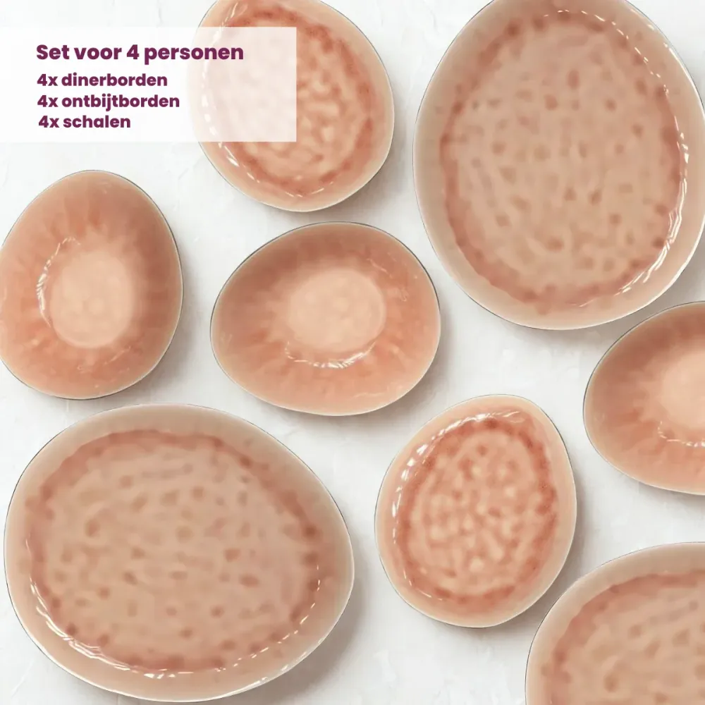 Cosy & Trendy Serviesset Organic Laguna Old Rose 12-delig / 4 personen - 4 dinerborden, 4 ontbijtborden en 4 schalen