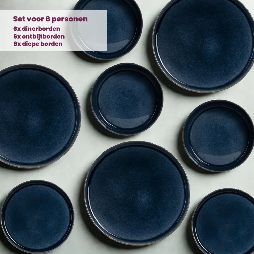 Cosy & Trendy Serviesset Quintana Blue 18-delig / 6 personen - 6 dinerborden, 6 diepe borden en 6 ontbijtborden