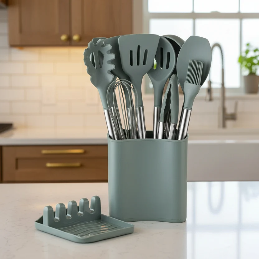 UTENSIVIA – Hittebestendige 11-delige keukenhulpset met houtlook handvat Cozey Maison