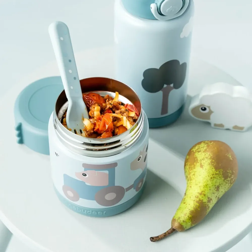 Done Deer Baby Lunch Thermosfles 300ml Tiny Farm Blauw