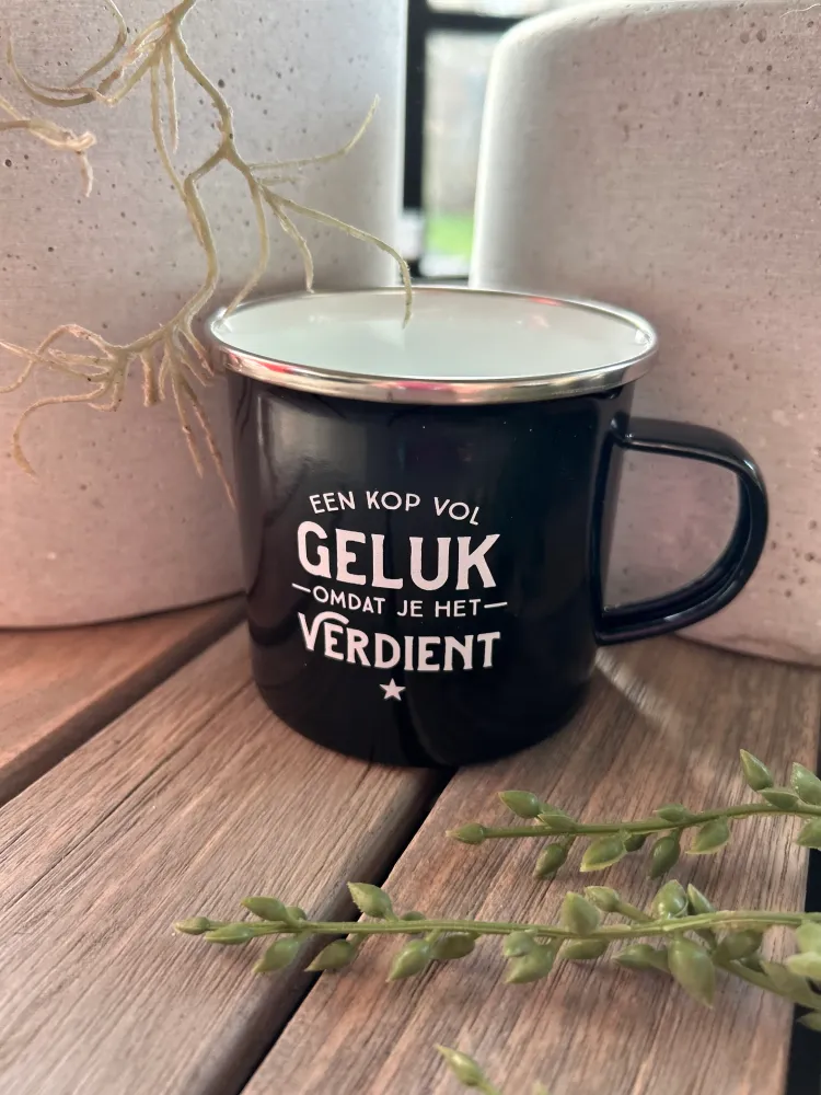 Emaille mok Geluk