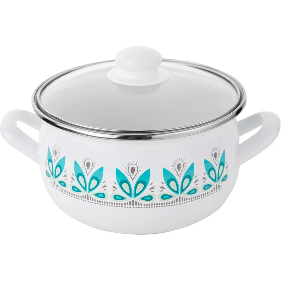 Emalia Camellia kookpan – 18 cm – 3,0 L – Wit/Groen – Retro geëmailleerd staal – Inclusief glazen deksel