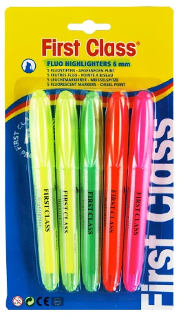 Fluostiften rond 5st assortie FIRST CLASS