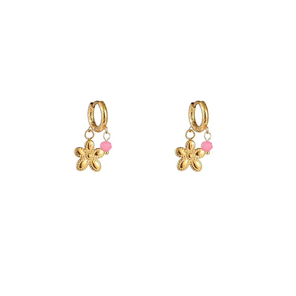 Oorbellen Small Stone + Flower Hoop - Goud + Roze Go Dutch Label