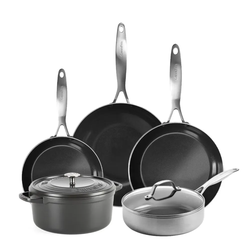 GreenPan - Geneva XL 6-delige Pannenset 18/24/24/28/28 cm - 2 koekenpannen + stoofpan met deksel + wokpan + braadpan
