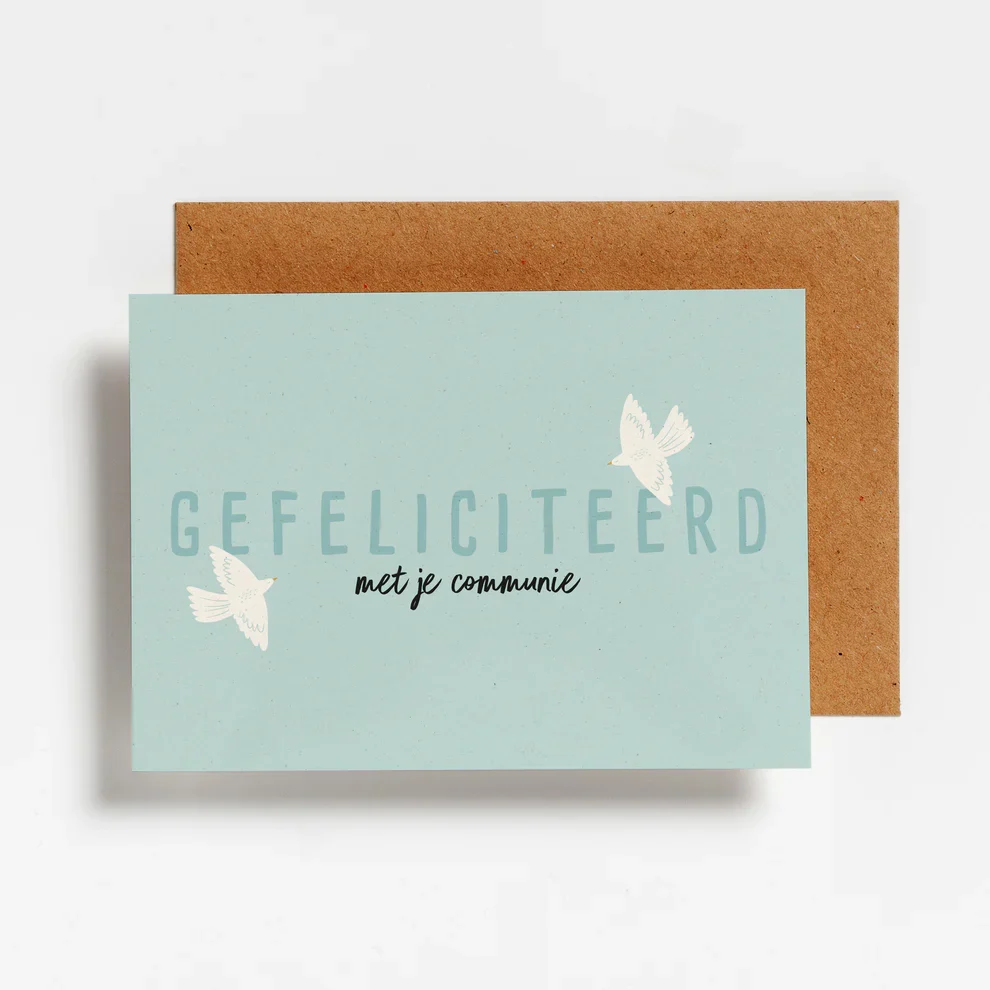 Kaartje communie vogels blauw Hello August