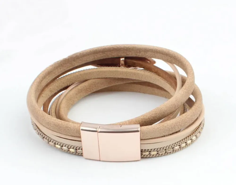 Indini Leren Armband Multi Row Ovaal Taupe