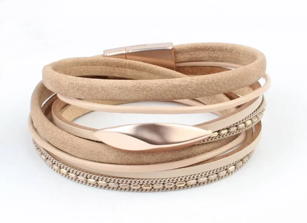 Indini Leren Armband Multi Row Ovaal Taupe