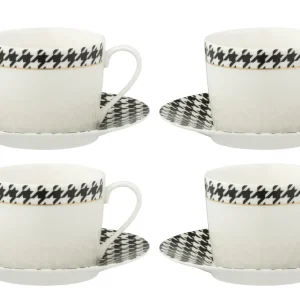 J-Line koffietas + bord Pied-Poule - porselein - wit/zwart - doos van 4
