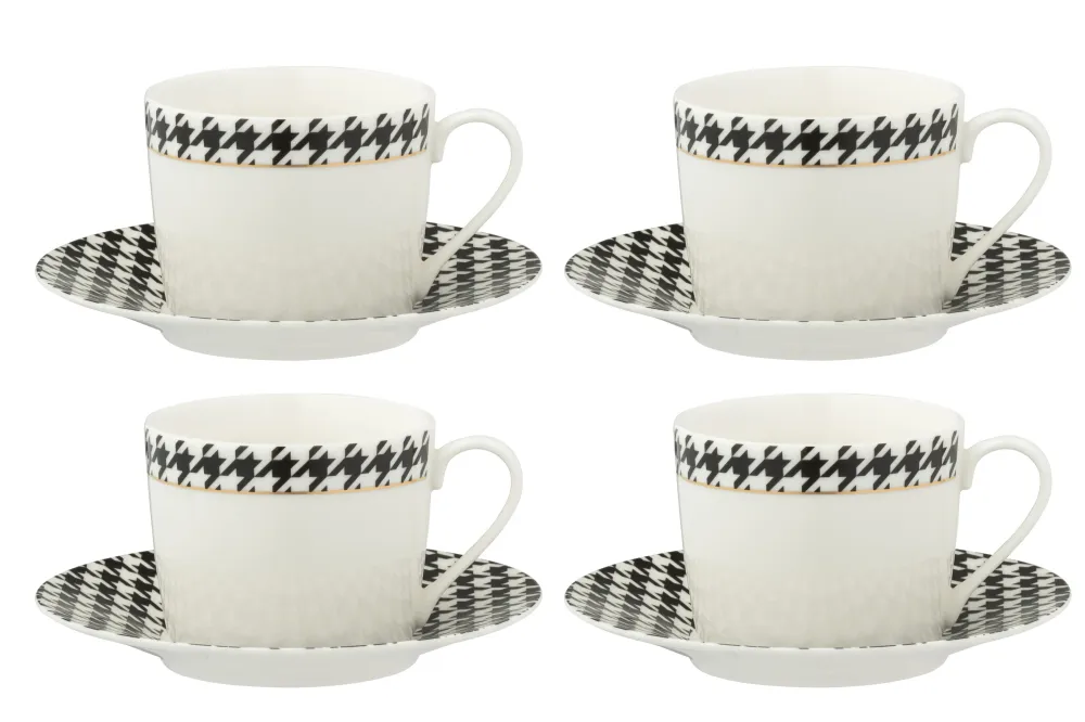 J-Line koffietas + bord Pied-Poule - porselein - wit/zwart - doos van 4