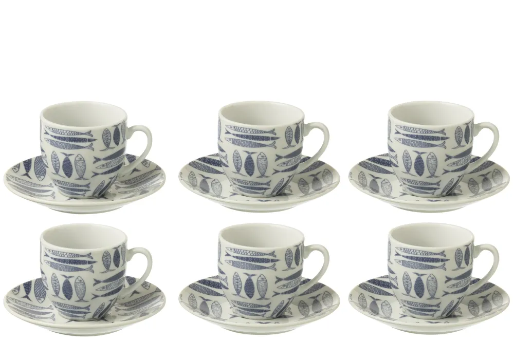 J-Line kop + schoteltje Vis - keramiek - donkerblauw - doos van 6