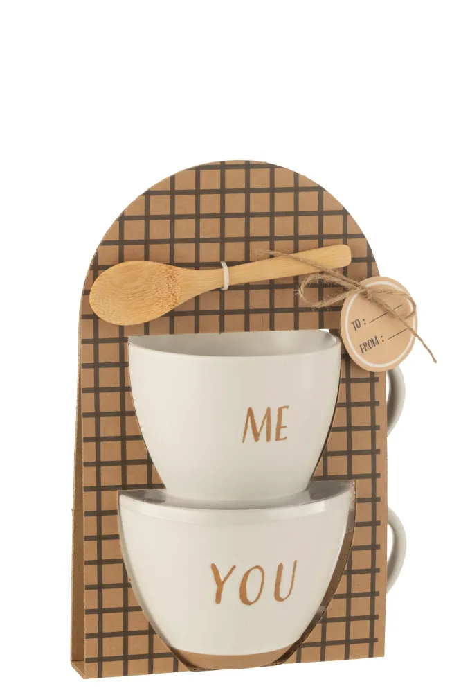 J-Line kop You & Me + lepel - keramiek - wit - giftbox van 2 stuks
