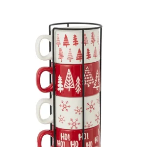J-Line kopje Kerstmis Dolomiet - keramiek - rood/wit - doos van 4