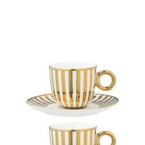 J-Line kopje + schoteltje Gestrepen - porselein - goud/wit - small - doos van 2