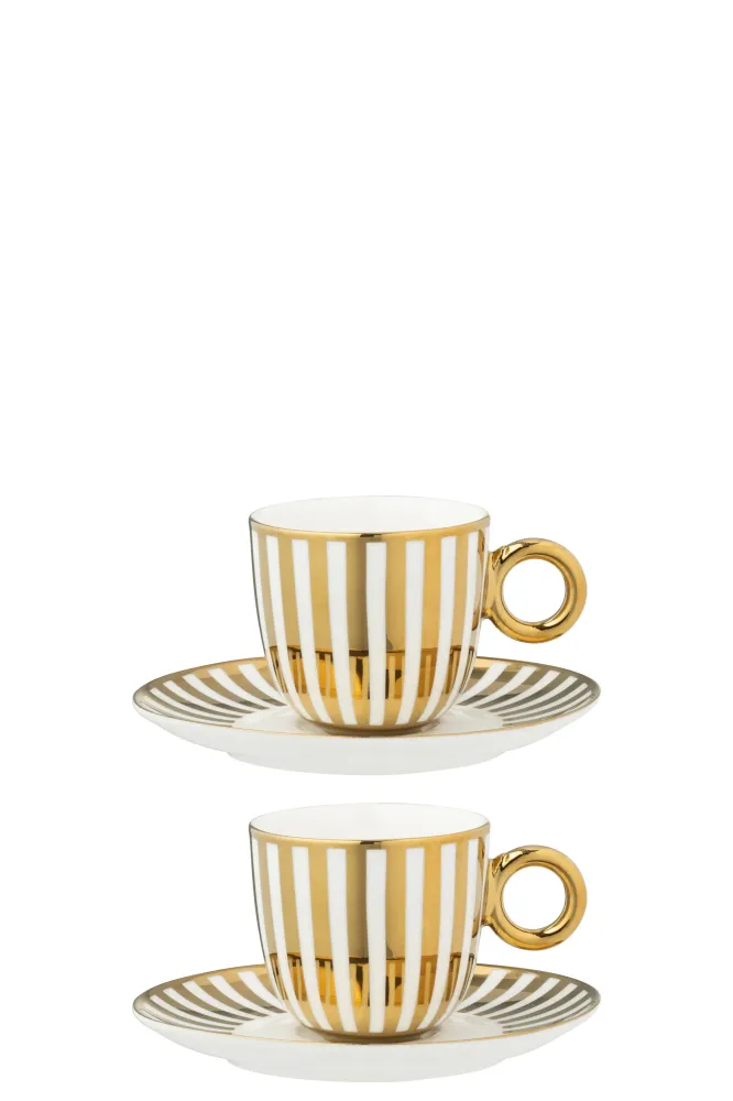 J-Line kopje + schoteltje Gestrepen - porselein - goud/wit - small - doos van 2