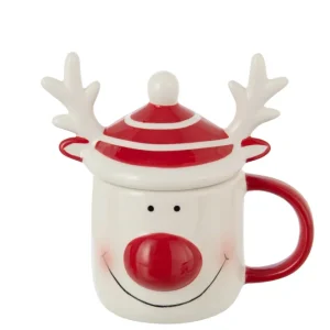 J-Line mok + deksel Rendier Dolomiet - keramiek - rood/wit