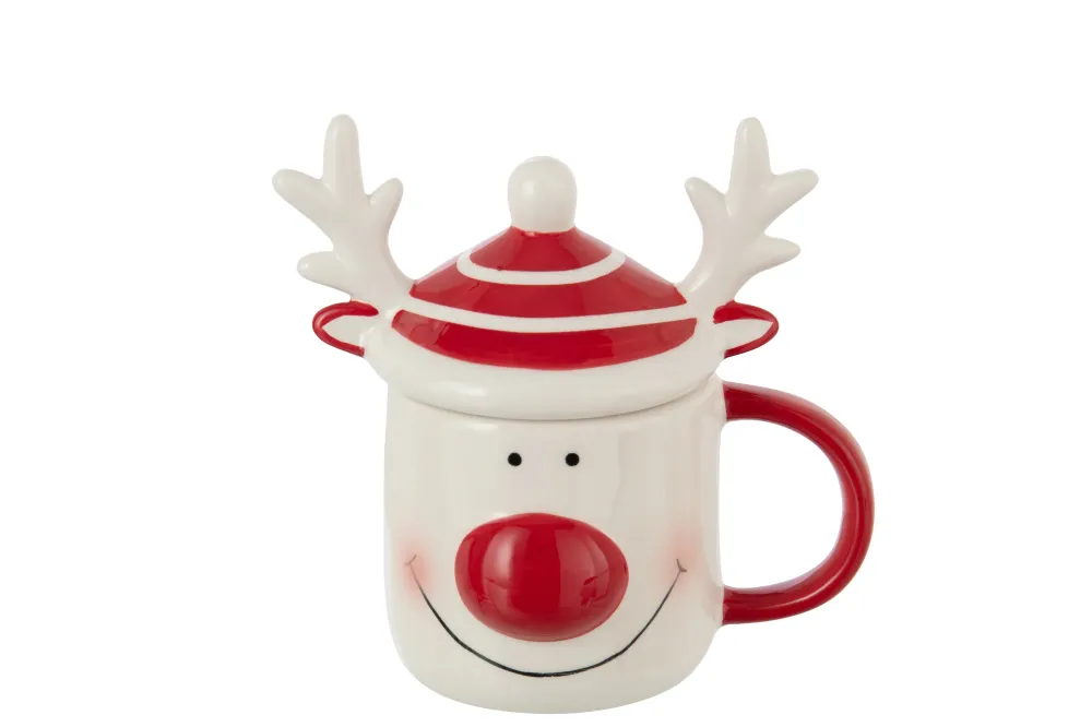 J-Line mok + deksel Rendier Dolomiet - keramiek - rood/wit