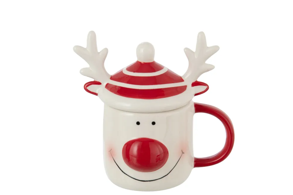 J-Line mok + deksel Rendier Dolomiet - keramiek - rood/wit