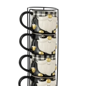 J-Line mok Kerstman Dolomiet - keramiek - zwart/wit - doos van 4