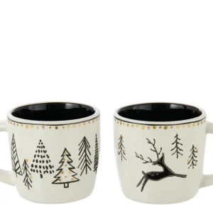 J-Line mok Kerstmis Dolomiet - keramiek - wit/zwart - 2 stuks
