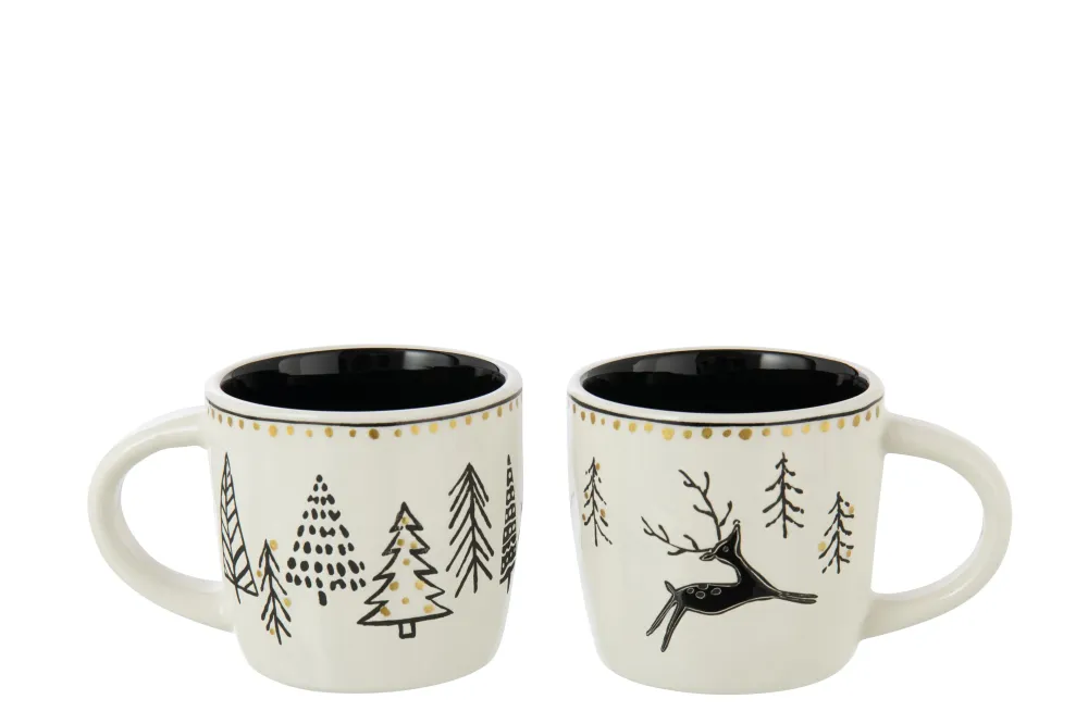 J-Line mok Kerstmis Dolomiet - keramiek - wit/zwart - 2 stuks