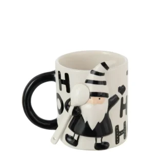 J-Line mok + lepel Kerstman Dolomiet - keramiek - wit/zwart