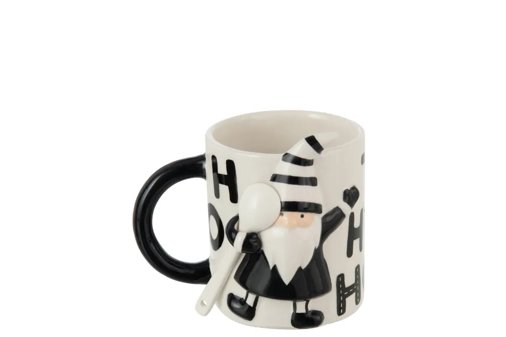 J-Line mok + lepel Kerstman Dolomiet - keramiek - wit/zwart
