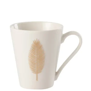 J-Line mok Pluim - porselein - wit/goud - 4 stuks