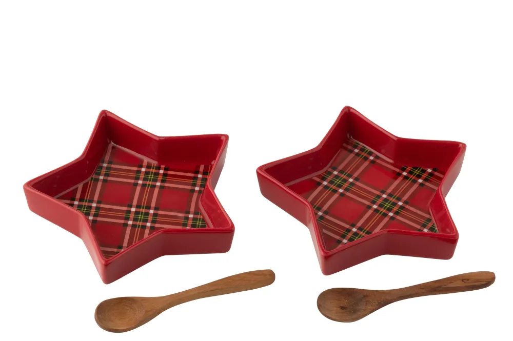 J-Line schaal Plaid Ster - keramiek - rood - doos van 2