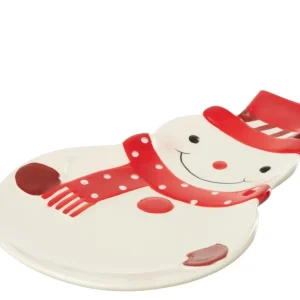 J-Line schaal Sneeuwpop Dolomiet - keramiek - kerstrood/wit