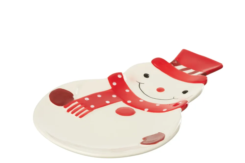 J-Line schaal Sneeuwpop Dolomiet - keramiek - kerstrood/wit