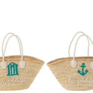 J-Line strandtas La Plage - maïs - naturel/wit/azuur - 2 stuks