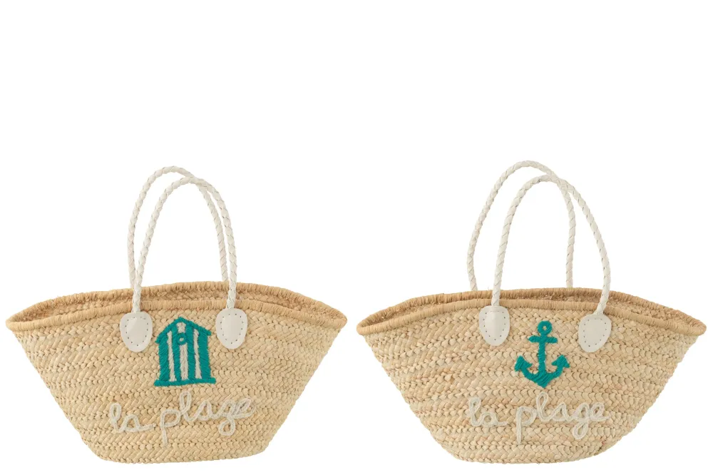 J-Line strandtas La Plage - maïs - naturel/wit/azuur - 2 stuks