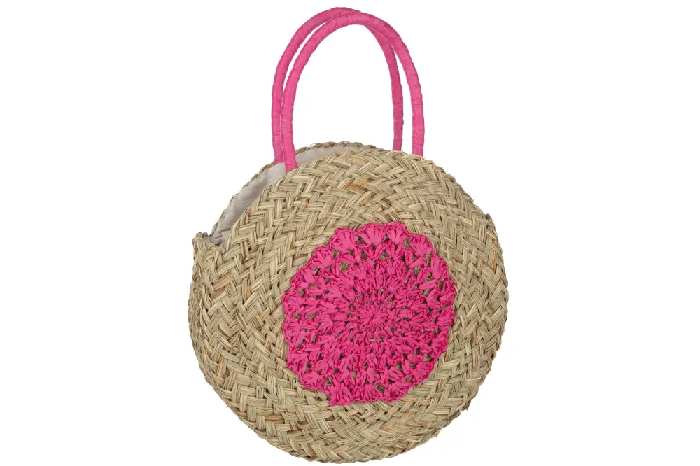 J-Line strandtas Rond Bloem - zeegras - naturel/fushia