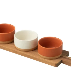 J-Line tapasplank 3 kommen + bambouschaal Doos - keramiek/hout - wit/oranje