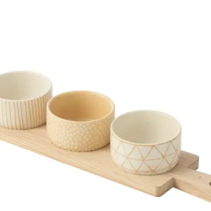 J-Line tapasplank 3 kommen + bambouschaal Doos - keramiek/hout - wit/creme