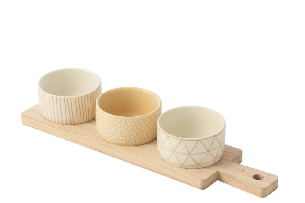 J-Line tapasplank 3 kommen + bambouschaal Doos - keramiek/hout - wit/creme