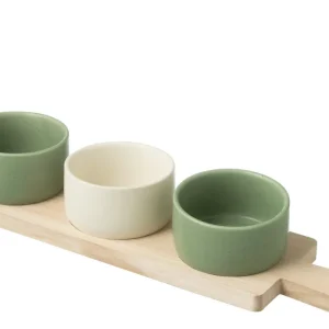 J-Line tapasplank 3 kommen + bambouschaal Doos - keramiek/hout - wit/groen