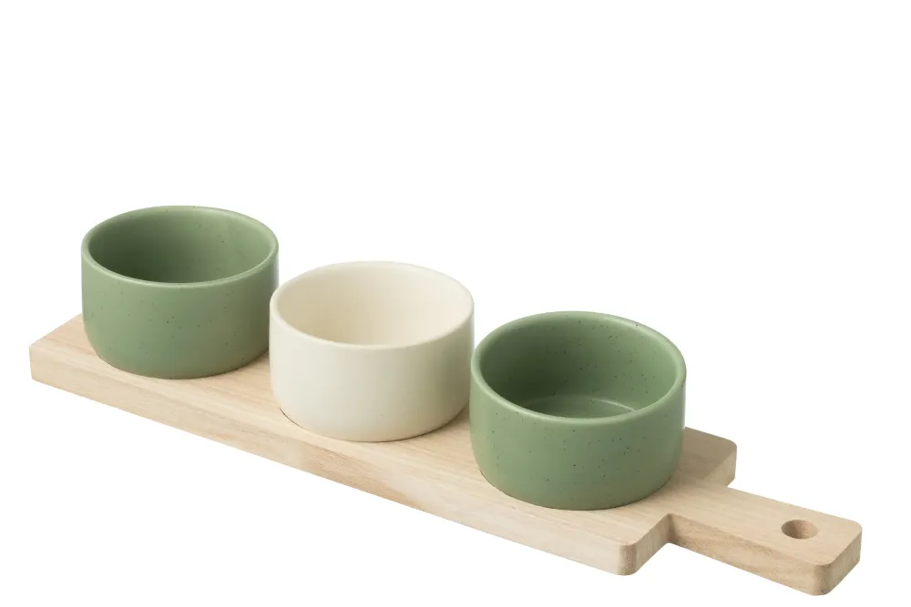 J-Line tapasplank 3 kommen + bambouschaal Doos - keramiek/hout - wit/groen
