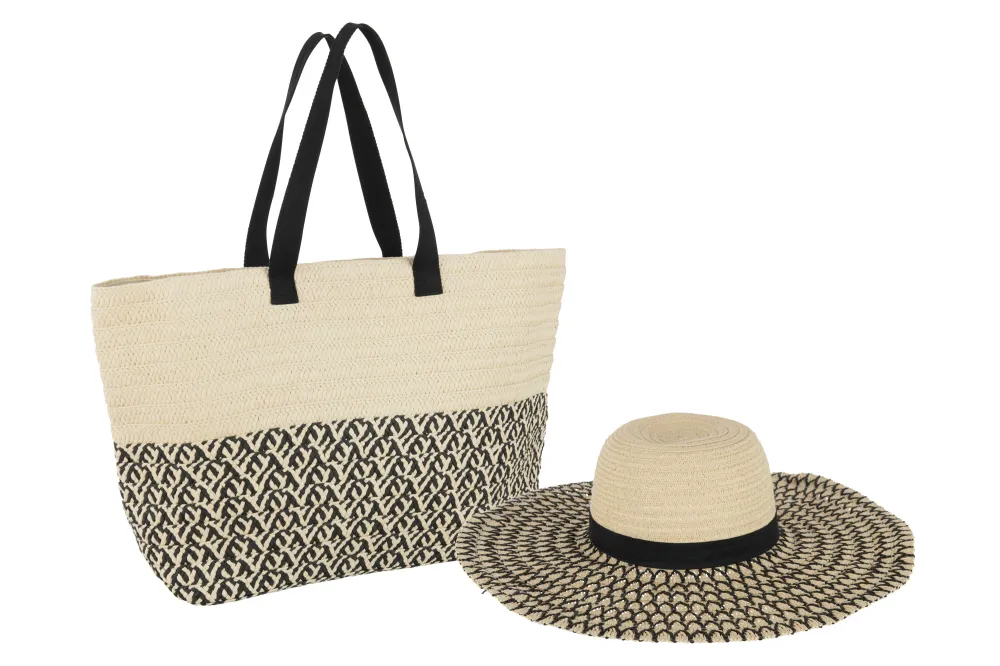J-Line tas + hoed set - papier/katoen - beige/zwart