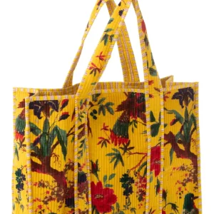 J-Line tas Vogels/Bloemen - katoen/fluweel - geel