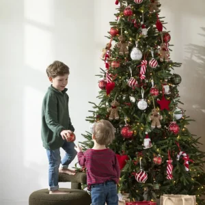 J-Line zak Kerstboom Pailletten - jute - naturel/rood - 2 stuks