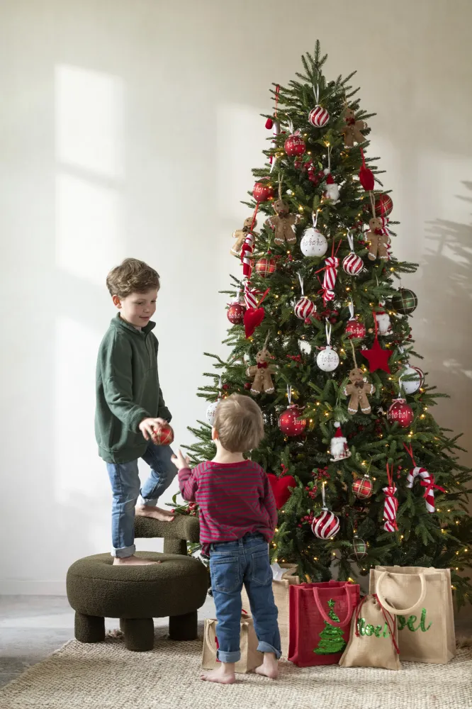 J-Line zak Kerstboom Pailletten - jute - naturel/rood - 2 stuks