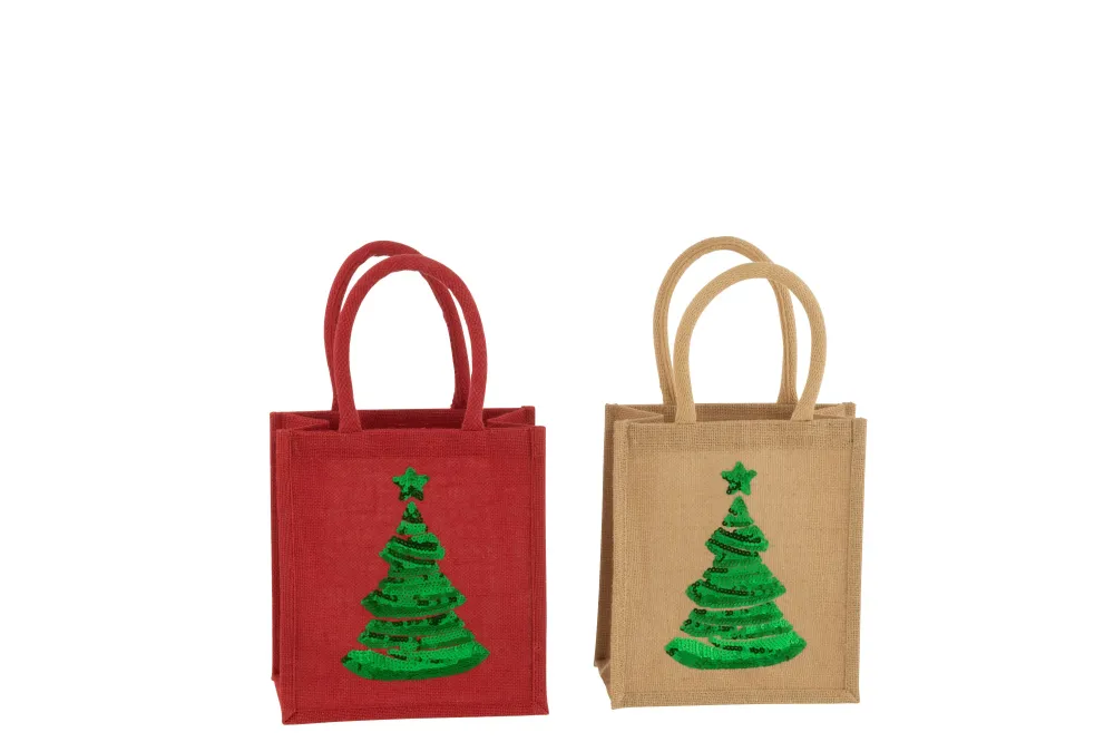 J-Line zak Kerstboom Pailletten - jute - naturel/rood - 2 stuks