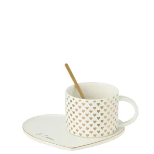J-Line Beker+Schotel+Lepel Hart Keramiek Wit/Goud