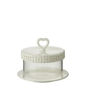 J-Line Cake bord onder glas - taartplateau - keramiek - wit - S